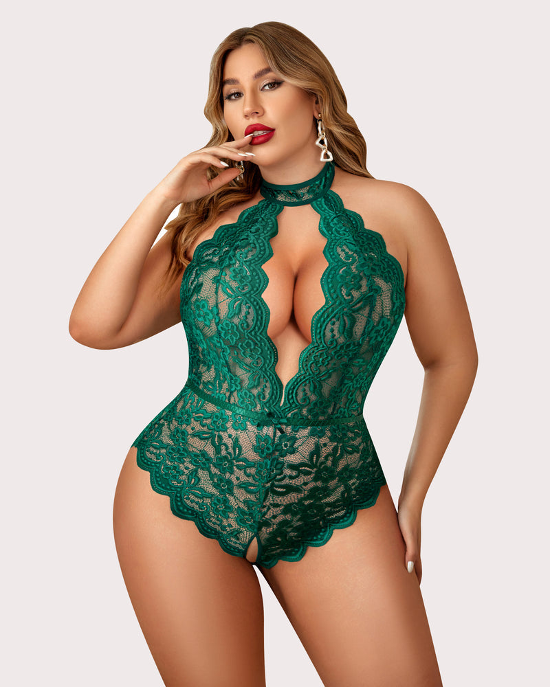 Green lace high-neck bodysuit with scalloped trim and floral cutout front