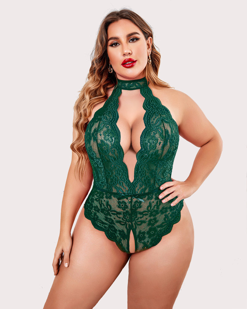Plus size lace halter teddy in dark green with deep V front and scalloped lace edges