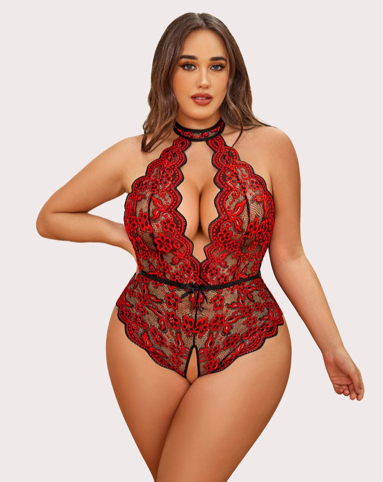 Plus size lace bodysuit with halter neckline, red lace and black trim, keyhole front