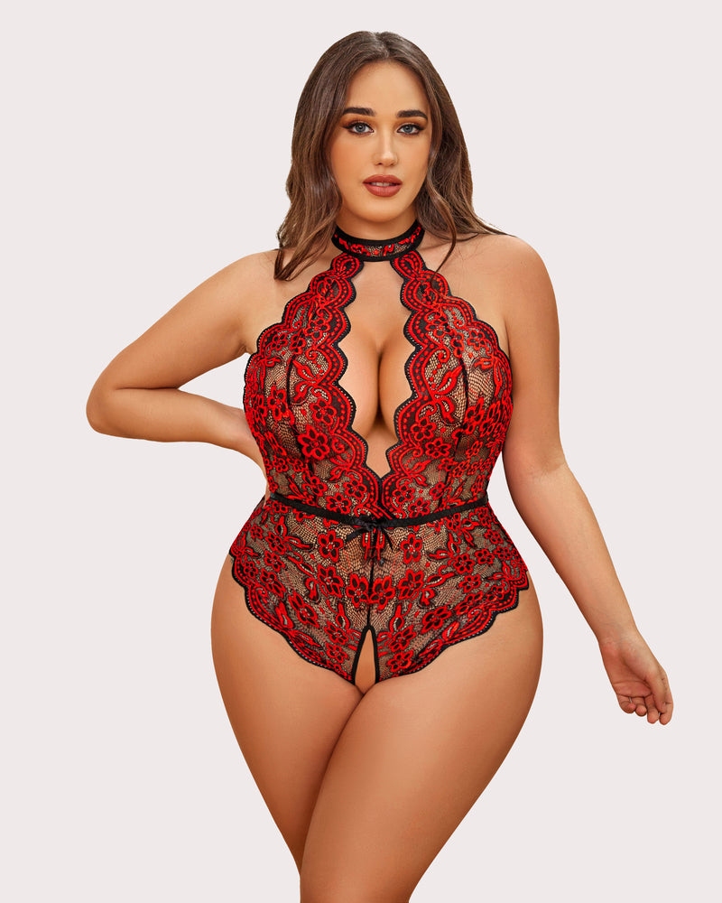 Red and black lace halter bodysuit with deep cutout front and scalloped legs