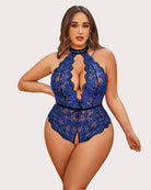 Plus size lace bodysuit with halter neckline, blue lace with black trim, keyhole front