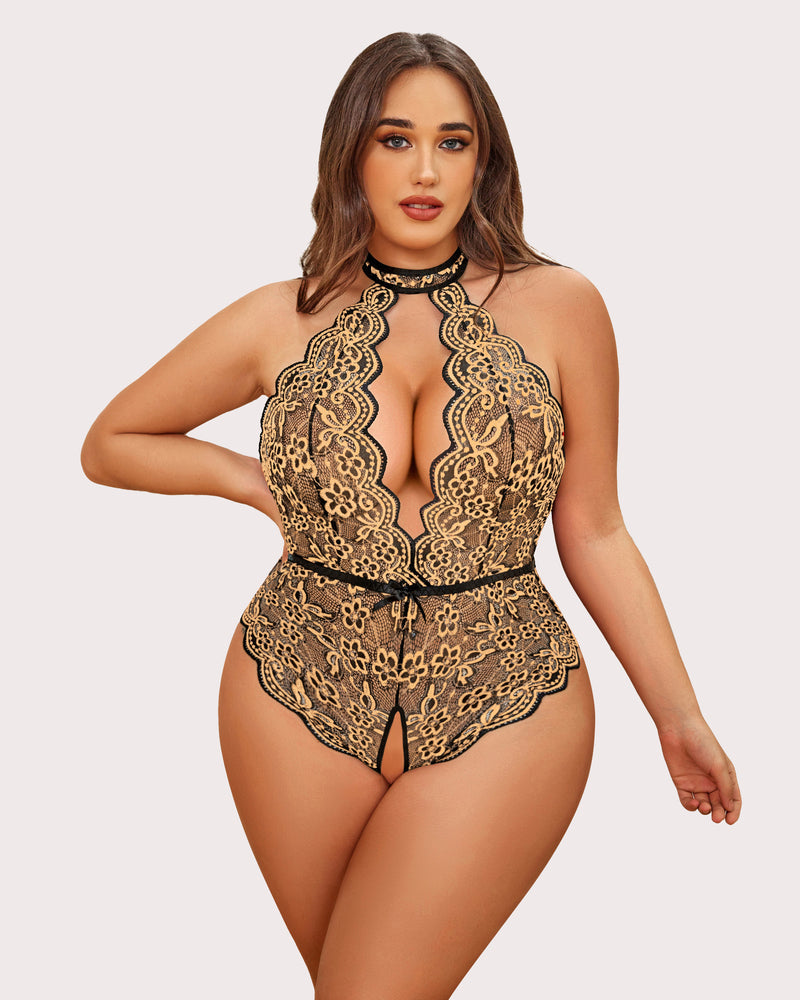 Plus size lace bodysuit with halter neckline, gold lace with black trim, keyhole front