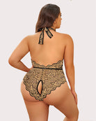 Plus size lace print bodysuit in gold lace with halter tie and open scalloped back