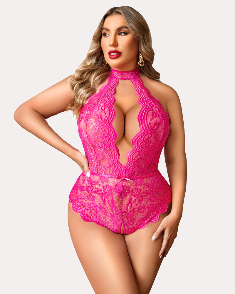 Plus size lace halter teddy in hot pink lace, halter neckline and fitted brief