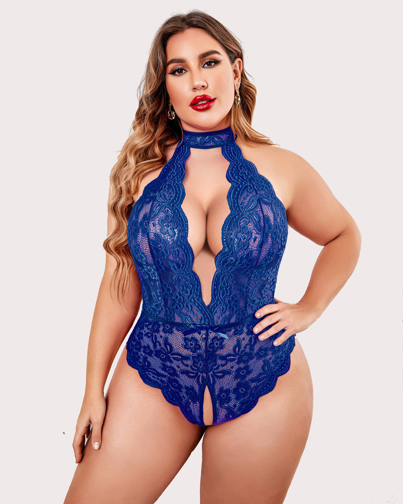 Plus size lace halter teddy in royal blue with floral lace and deep keyhole front