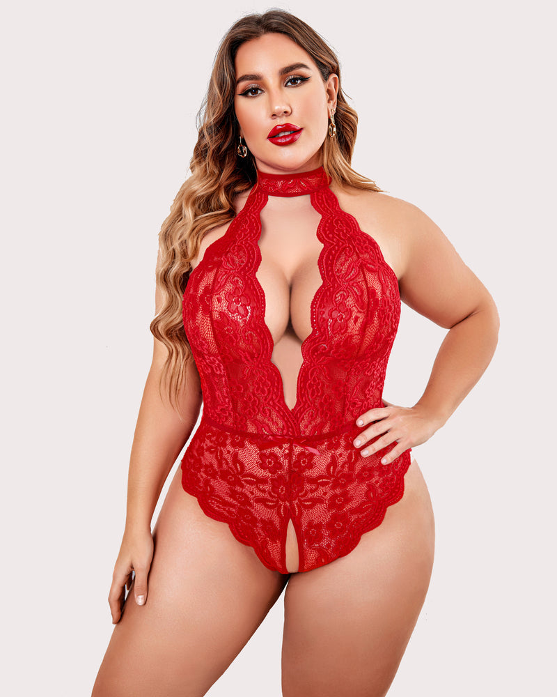 Plus size lace halter teddy in red with floral lace and deep keyhole neckline