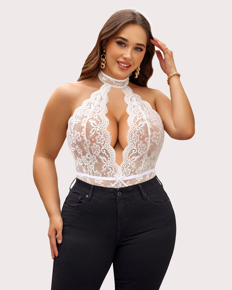 Plus size lace halter bodysuit in white with keyhole cutout and scalloped lace trim