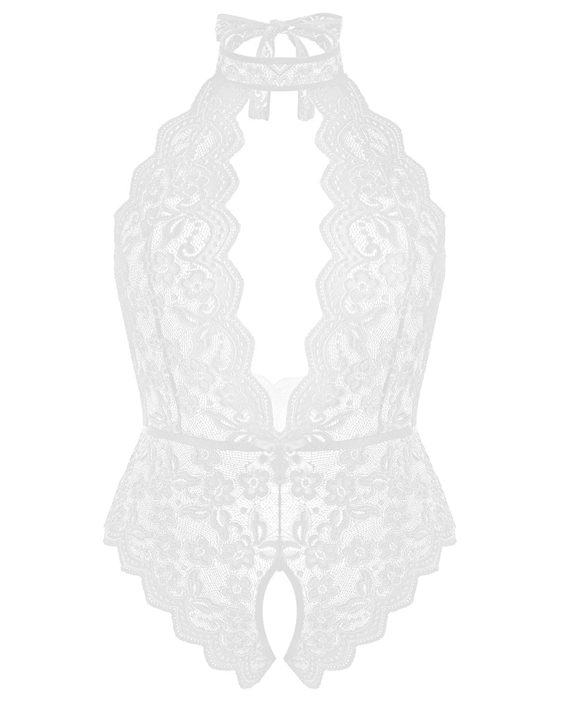 Plus size lace halter teddy in white lace, scalloped edges, tie-neck detail