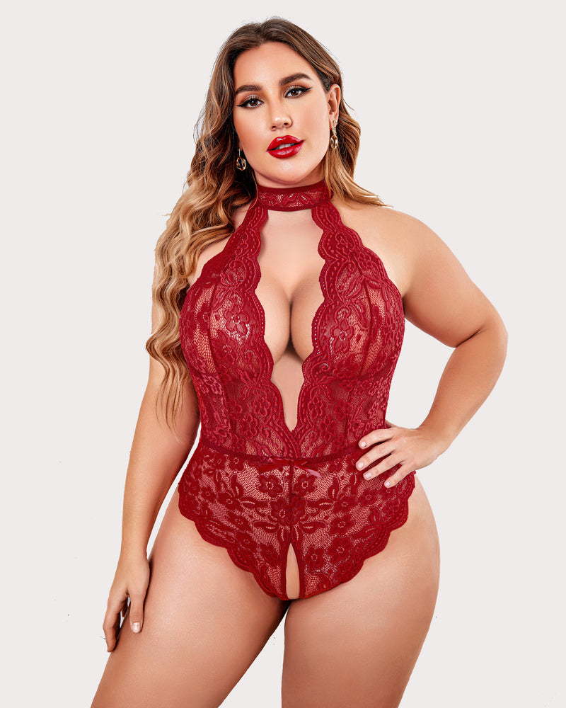 Plus size lace halter teddy, red lace halter with deep V keyhole front