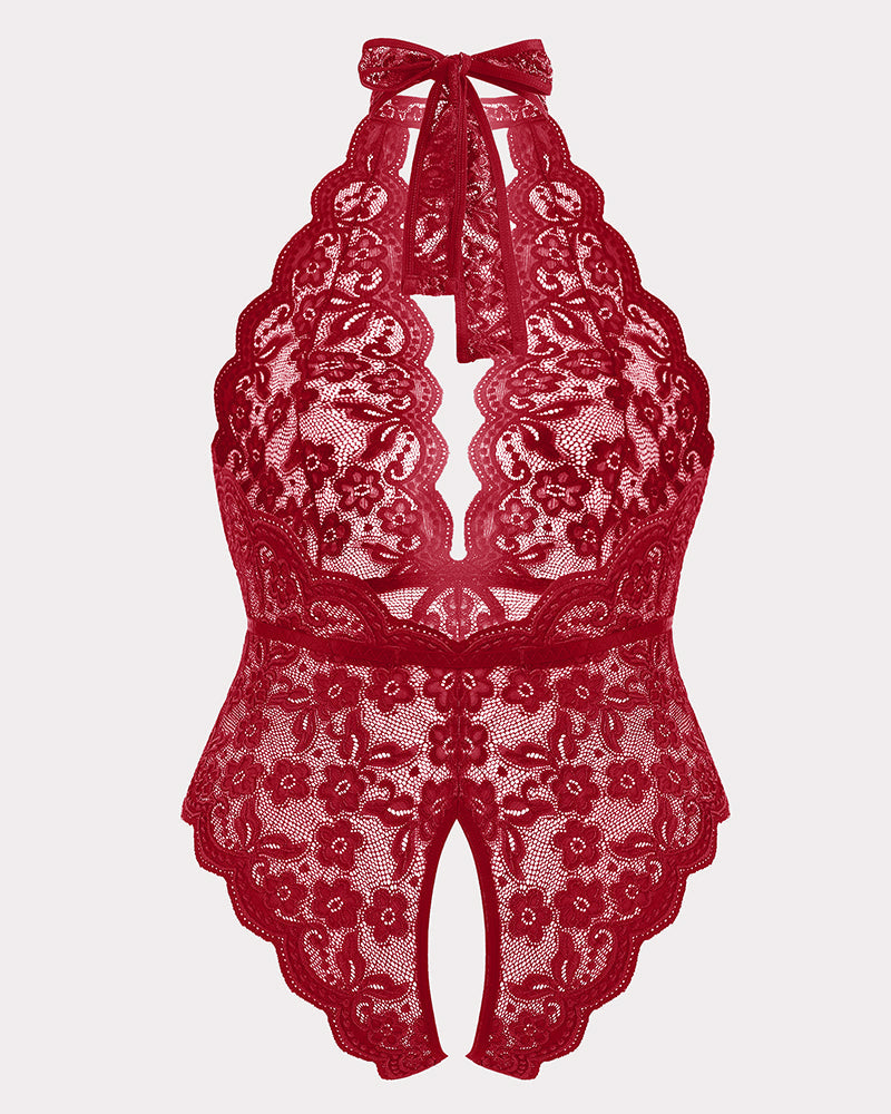 Plus size lace bodysuit in wine red with halter neck and lace peplum hem