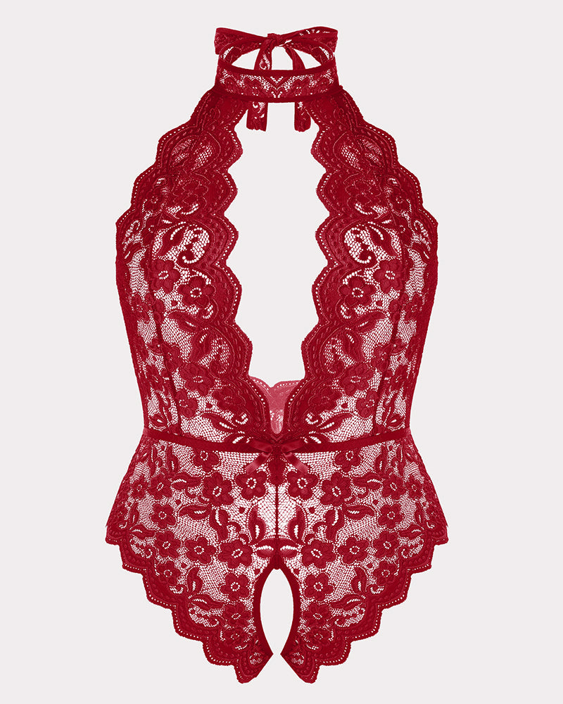 Plus size lace halter teddy, red lace front with open keyhole and scalloped hem