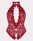 Plus size lace halter teddy, red lace front with open keyhole and scalloped hem