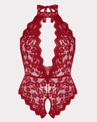 Plus size lace bodysuit in wine red with halter neck and scalloped lace edges