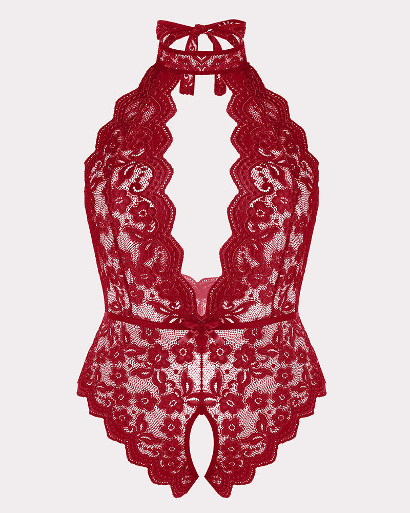 Plus size lace bodysuit in wine red with halter neck and scalloped lace edges