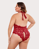Plus size lace halter teddy back view, red lace with tied halter back and keyhole