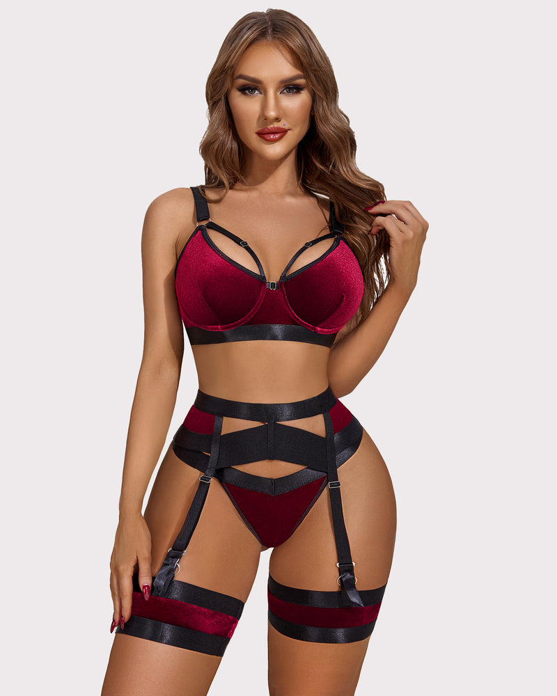 Red 5-piece lingerie set with push-up bra, garter belt straps, and thigh stockings