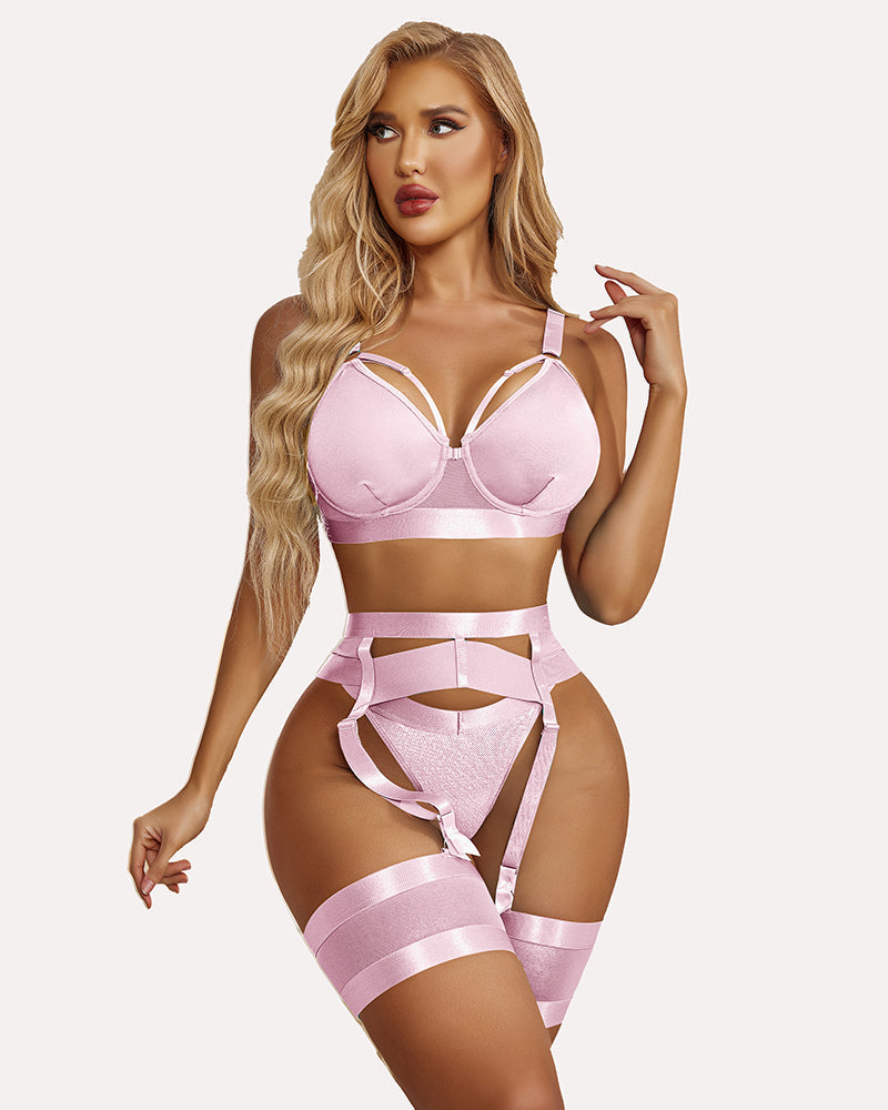 Lingerie set with underwire bra, garter belt, and thigh-high garters, pink with satin trim