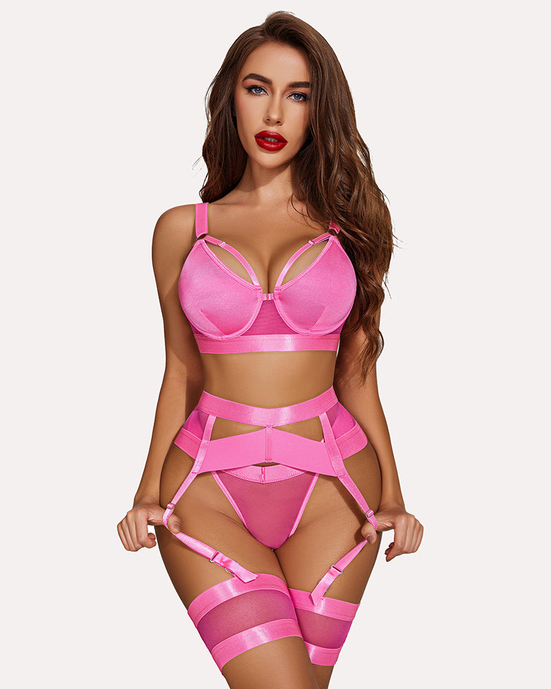 Lingerie set with balconette bra, matching panties, garter belt, and thigh garters, pink