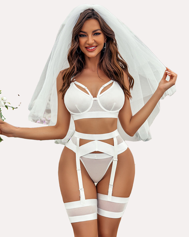 White lingerie set with push-up bra, garter belt, and thigh garters