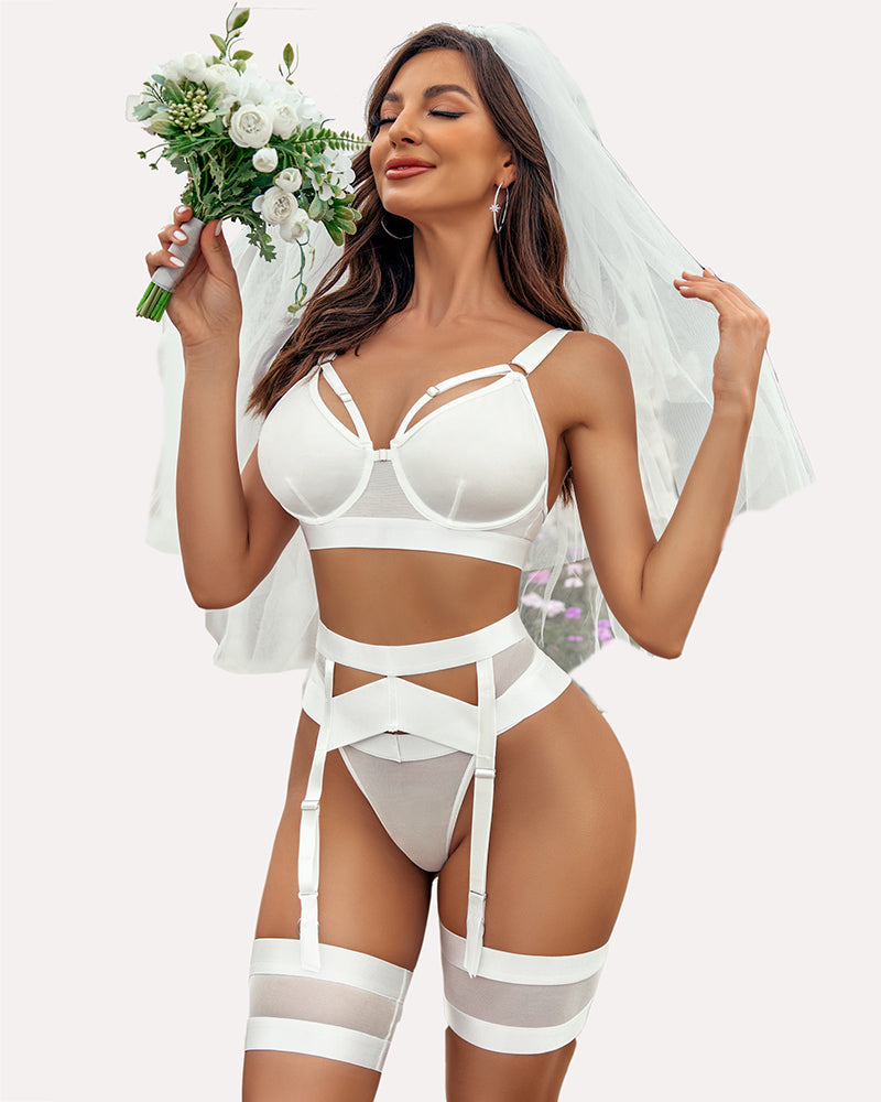 White lingerie set with push-up bra, garter belt, and thigh garters; veil accessory