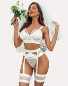 White 5-piece lingerie set with underwire bra, garter straps, thong, and thigh bands