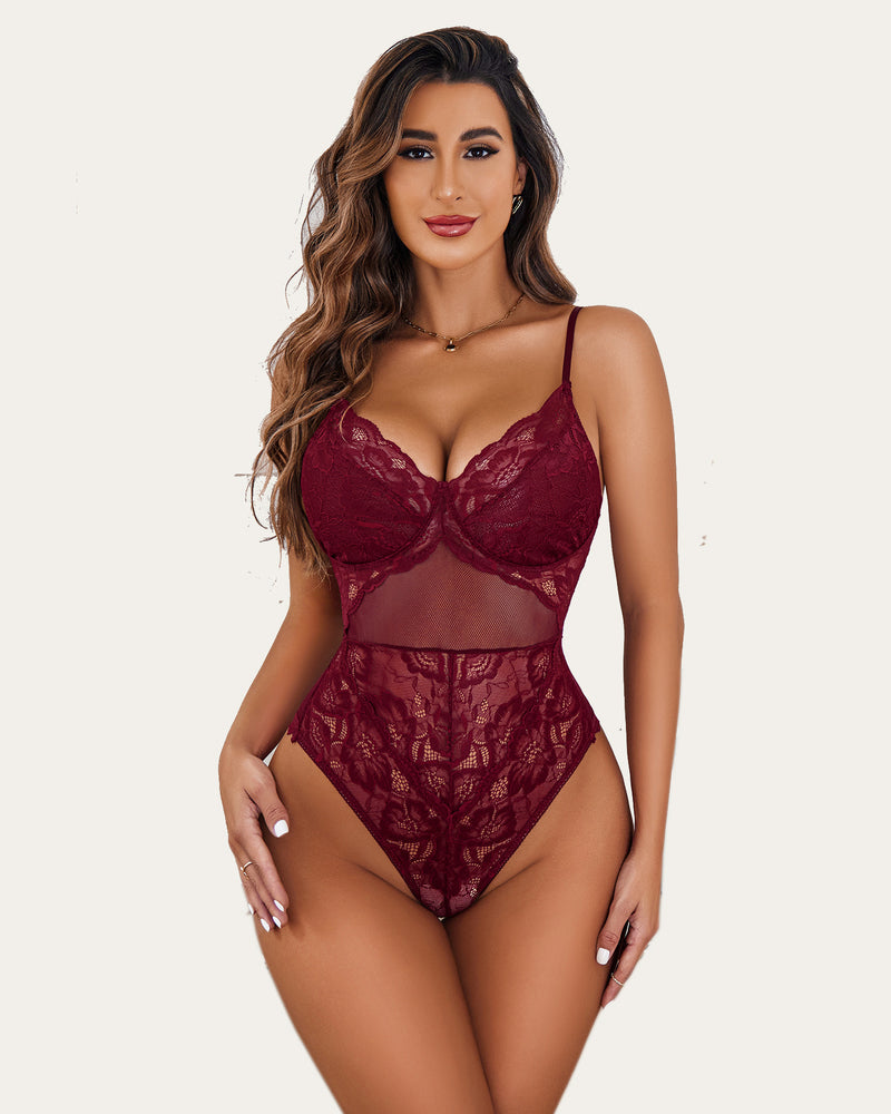 Burgundy lace bodysuit teddy with underwire cups and sheer mesh center