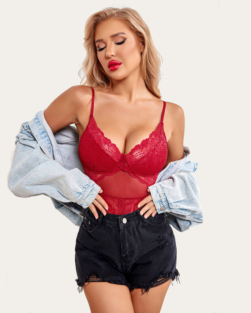 Red lace bodysuit teddy with underwire cups, sheer mesh and snap crotch