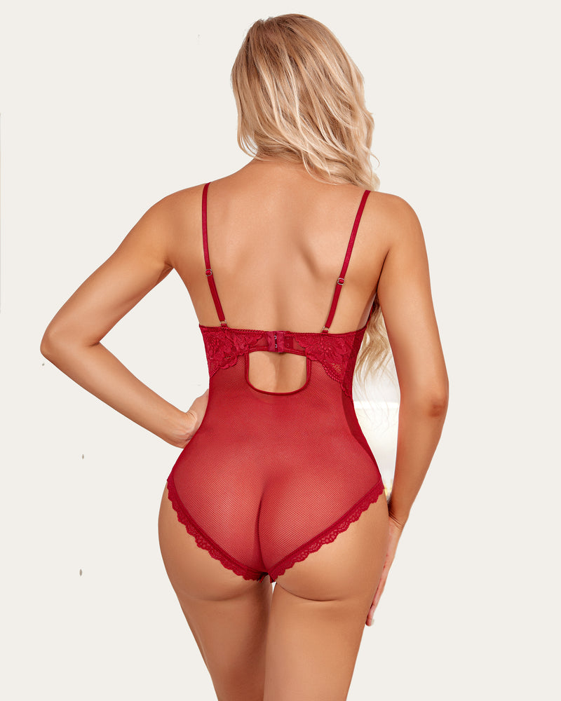 Red lace teddy with open-back cutout and sheer legs, snap crotch