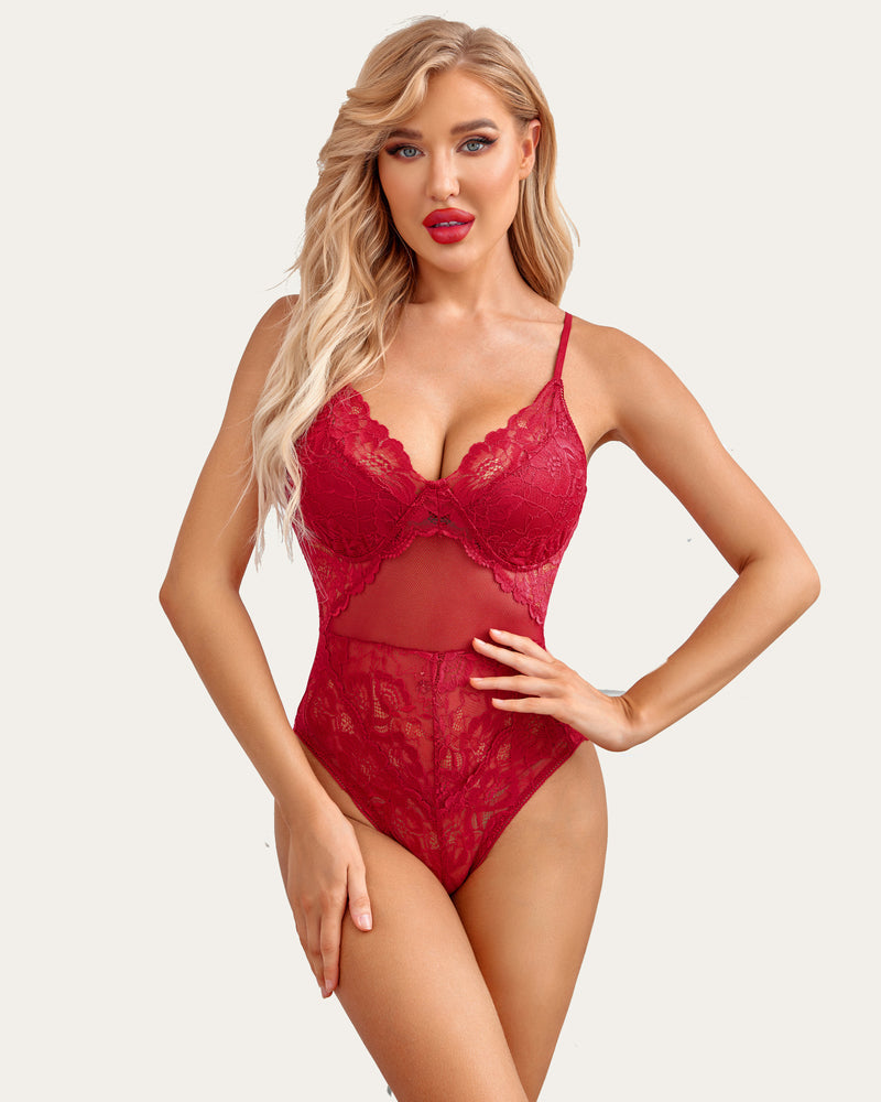 Red lace bodysuit teddy with underwire cups and sheer mesh center