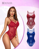 Wine red and blue floral lace harness bodysuit set, sheer mesh with strappy neckline.