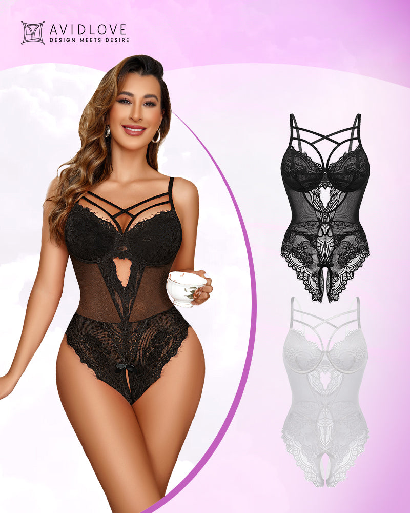 Black and white floral lace harness bodysuit set, sheer mesh with strappy neckline.