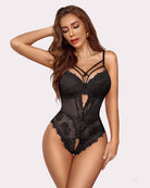 Black floral lace harness bodysuit with underwire cups and sheer lace side panels