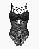 Black floral lace harness bodysuit with underwire cups and crisscross back straps