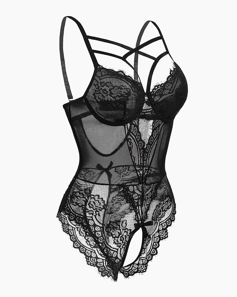 Black floral lace harness bodysuit with sheer cups and lace trim waist and legs