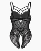 Black floral lace harness bodysuit with crisscross back straps and cutout lace legs