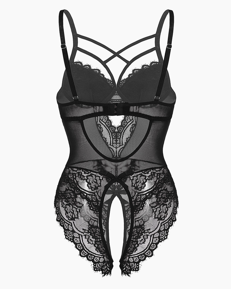 Black floral lace harness bodysuit with crisscross back straps and cutout lace legs