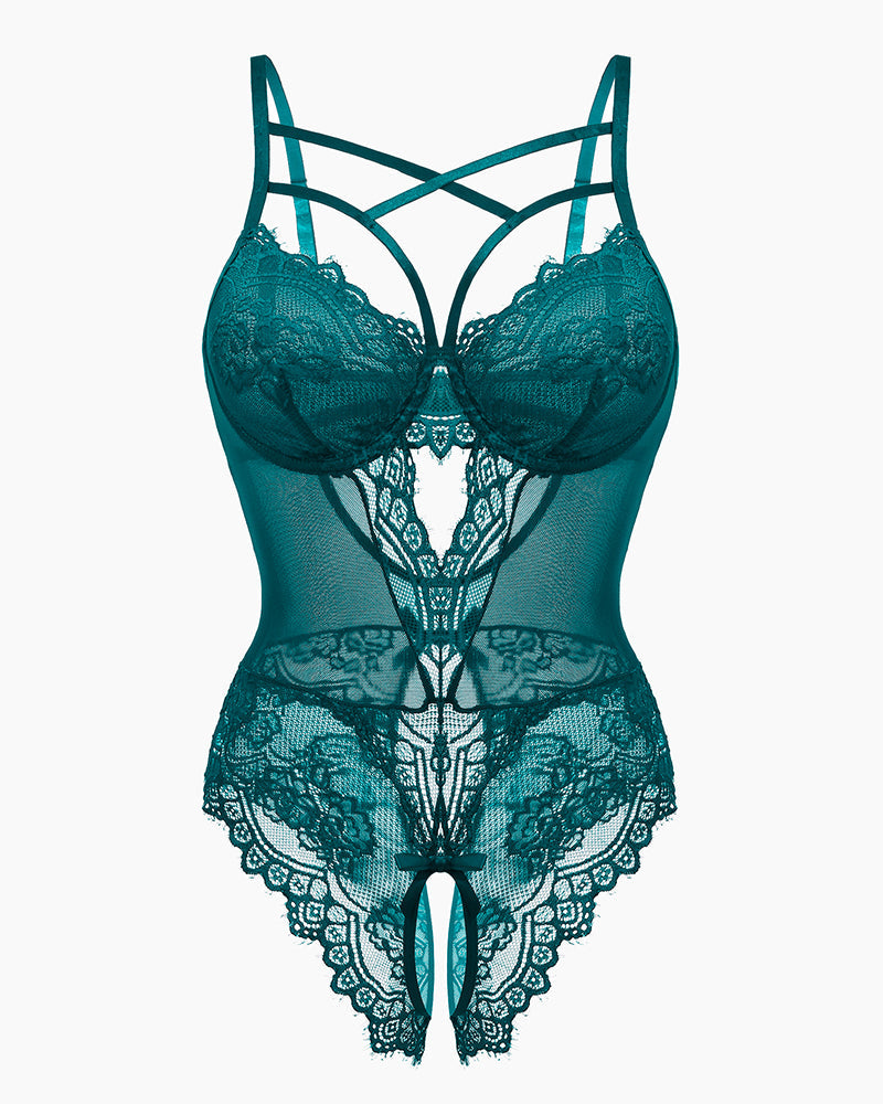 Teal lace harness bodysuit with mesh cups and scalloped lace trim