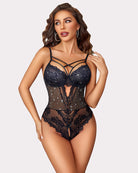 Floral lace bodysuit with star print, underwire cups, crisscross straps, black