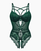 Floral lace harness bodysuit in deep green lace with thong front and crisscross straps