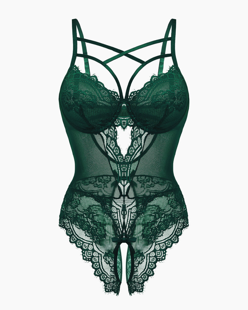Floral lace harness bodysuit in deep green lace with thong front and crisscross straps