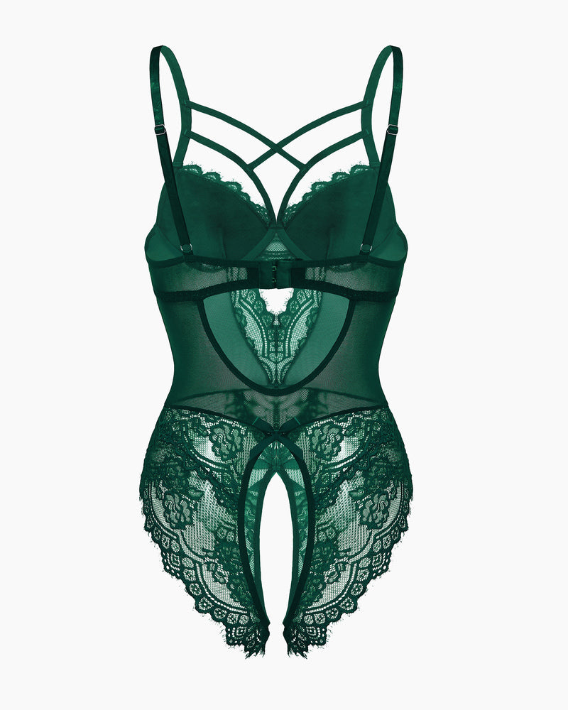 Floral lace harness bodysuit in deep green lace with back cross straps and keyhole
