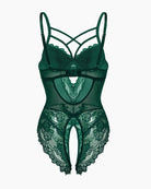 Floral lace harness bodysuit in deep green lace with back cross straps and keyhole