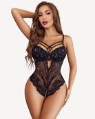 Black glitter lace bodysuit with underwire cups, crisscross straps, and thong base