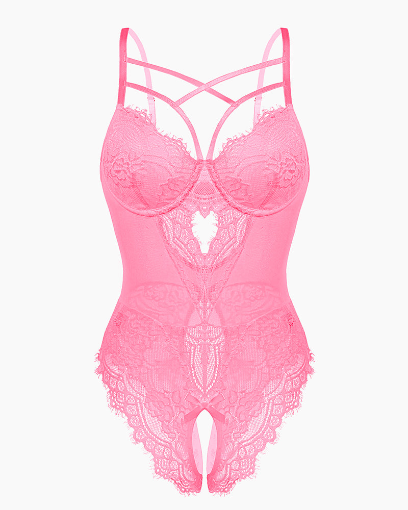 Pink lace harness bodysuit with underwire cups and crisscross back straps