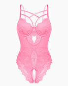 Floral lace harness bodysuit in bright pink with crisscross straps and lace bodice
