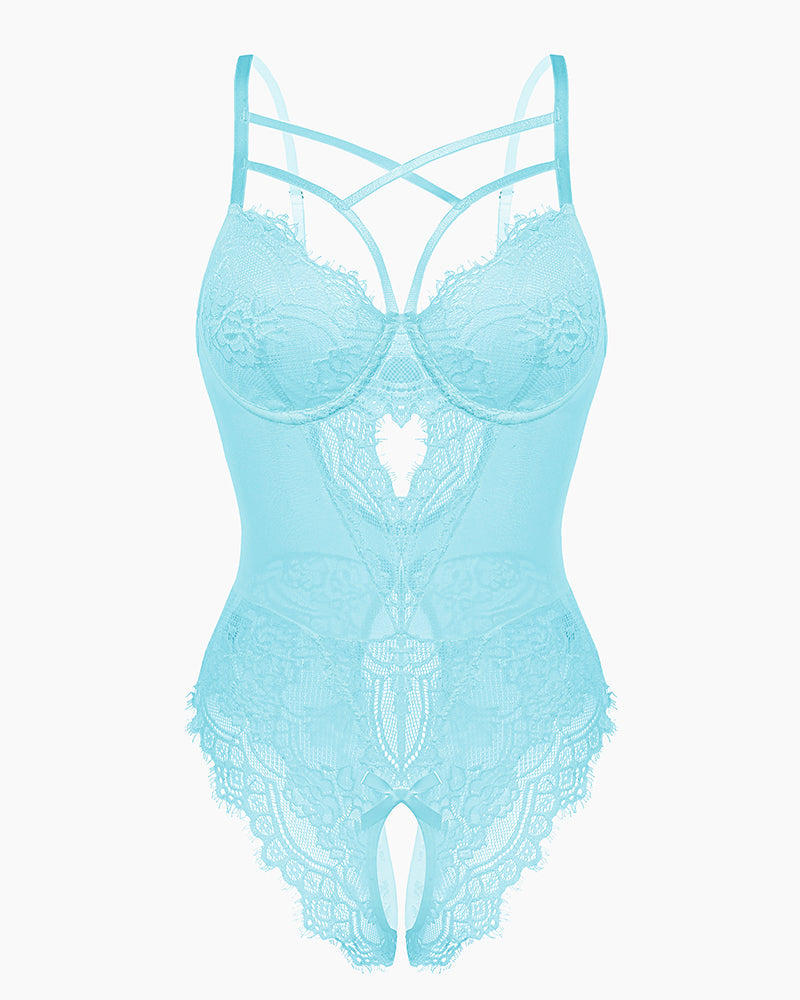 Light blue lace harness bodysuit with underwire cups and crisscross back straps
