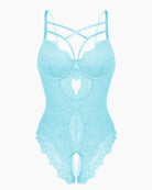 Light blue lace harness bodysuit with underwire cups and crisscross back straps