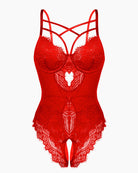 Red lace harness bodysuit with underwire cups, strappy neckline, and thong cutout