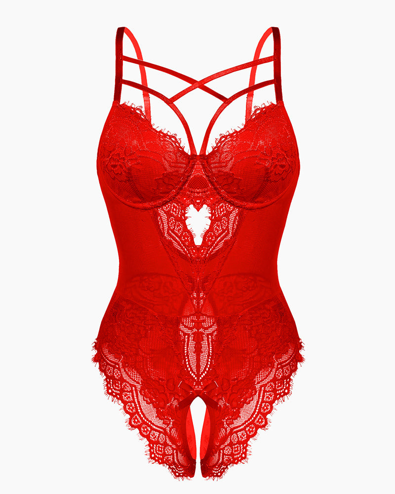 Red lace harness bodysuit with underwire cups, strappy neckline, and thong cutout