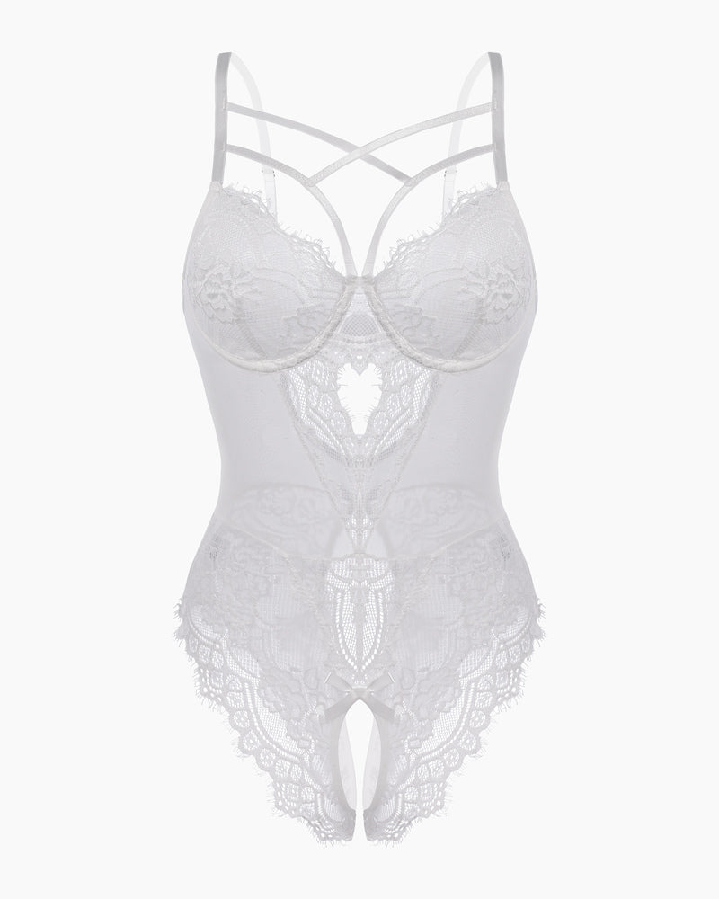 White floral lace harness bodysuit with underwire cups and X-back strappy design